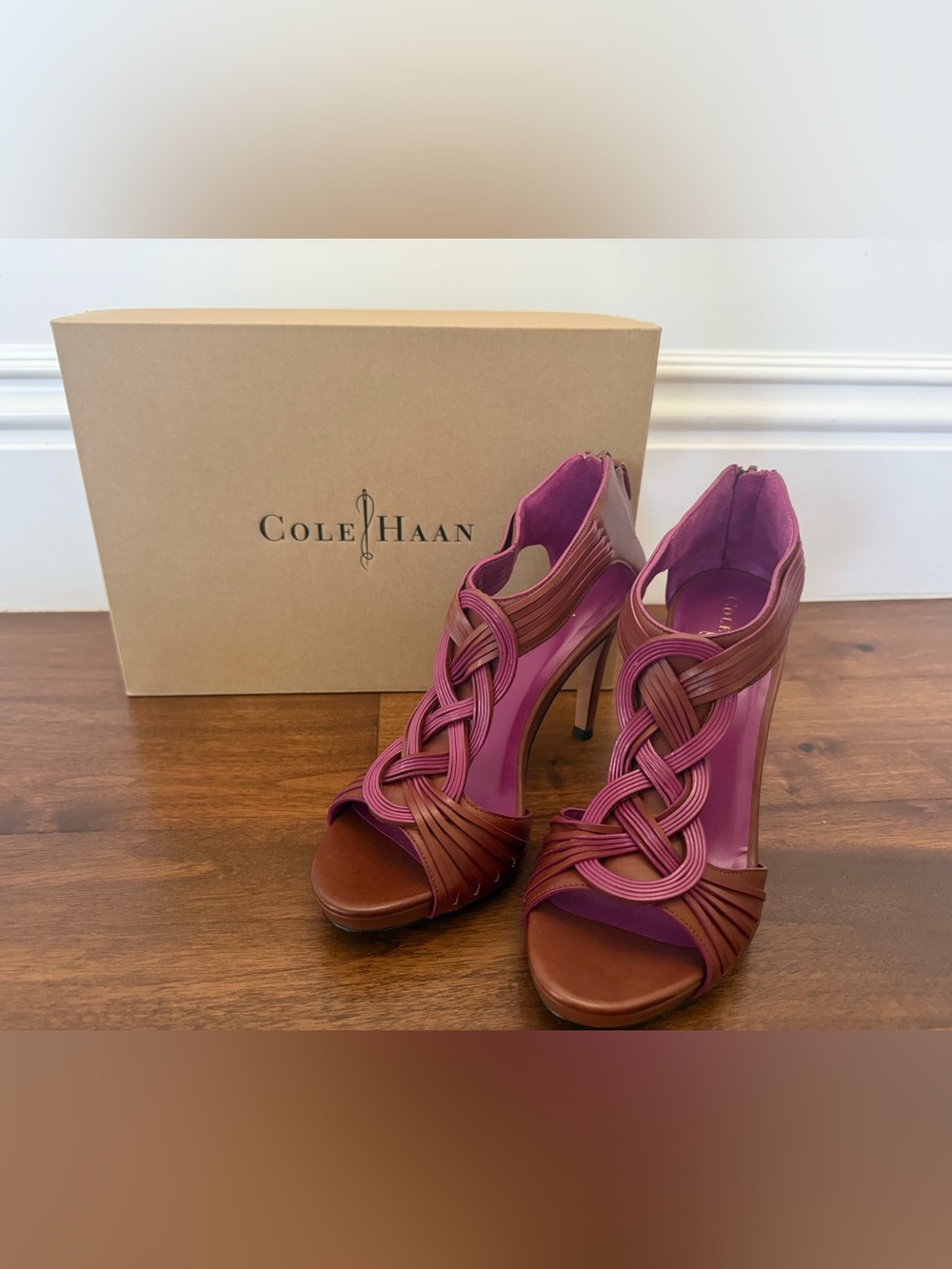 Cole Haan Vivian Air Sandal 7B Sequoia Brown Fuchsia Leather Heels D36972 Box